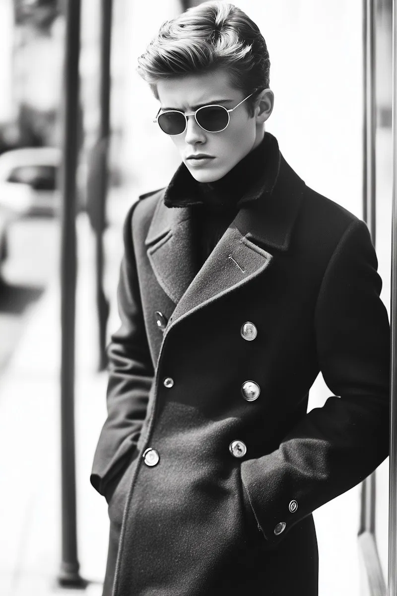 Man in sunglasses and tailored coat with hands in pockets