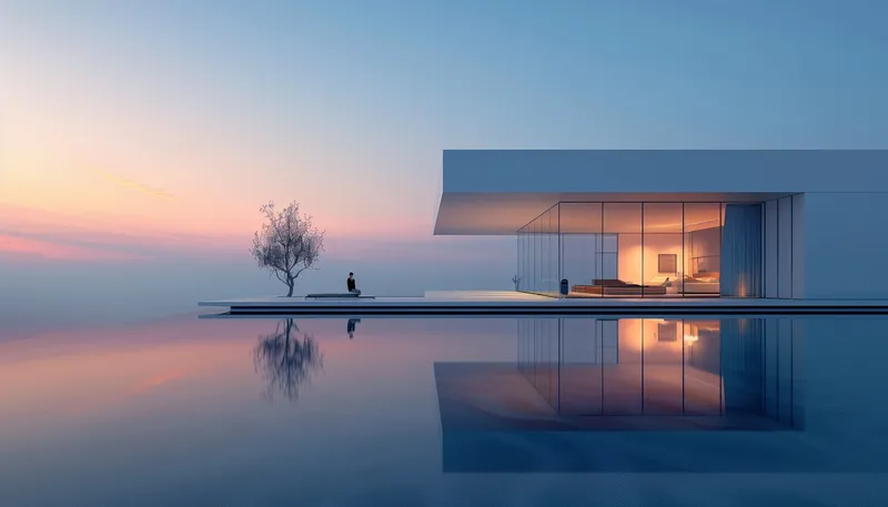 Modern home with sunset reflection in water