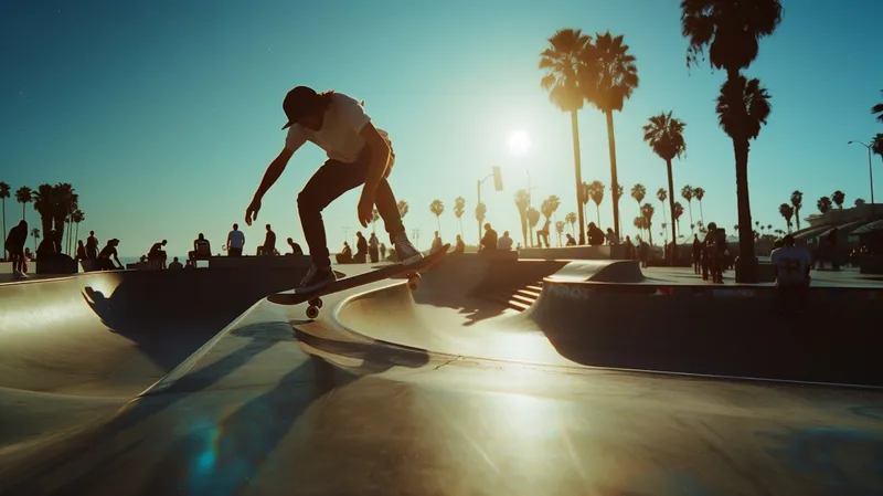 Skater performing trick at Venice skatepark during sunset