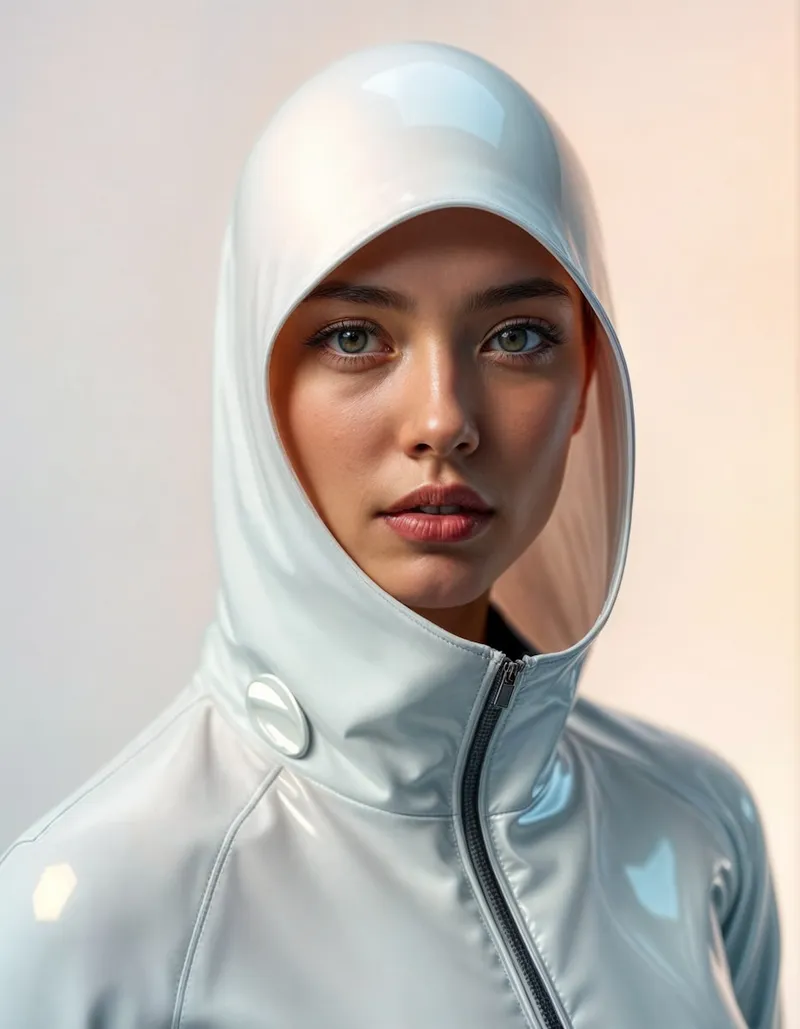 Close-up of woman in futuristic hooded jacket with smooth contours