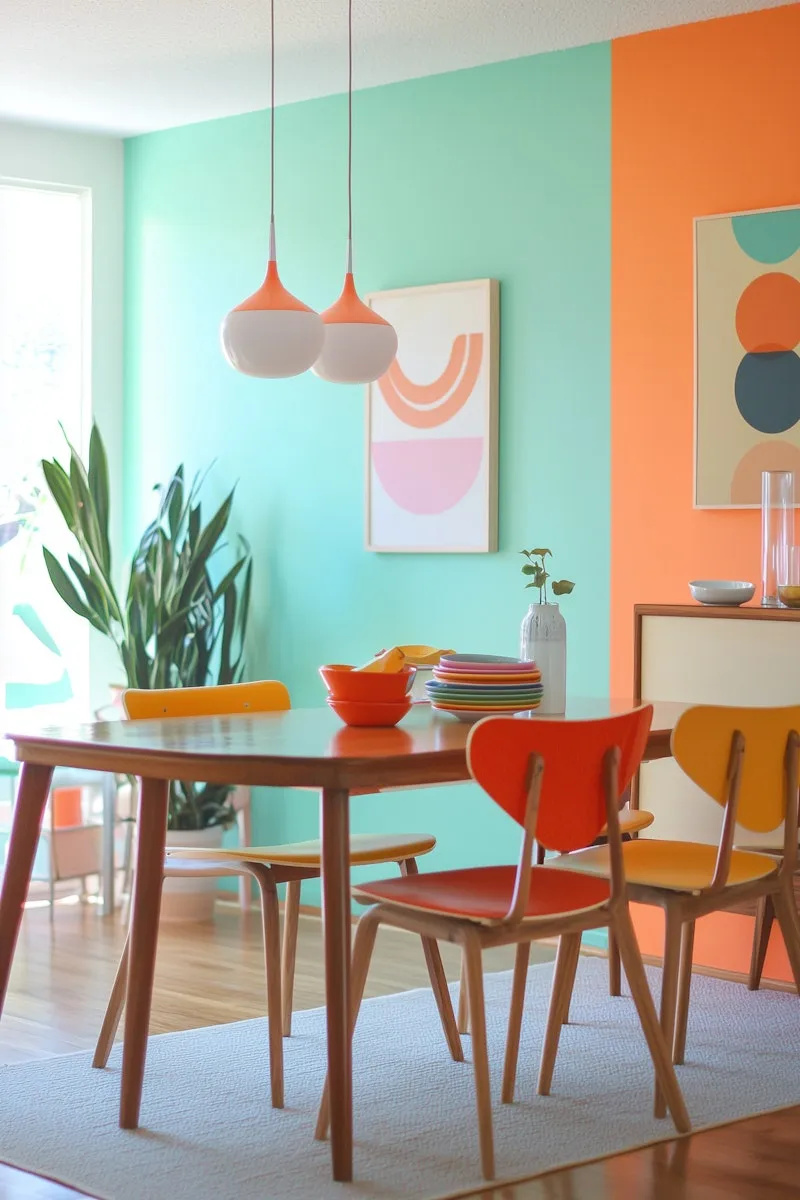 Mid-century dining area with colorful chairs and mint-orange walls
