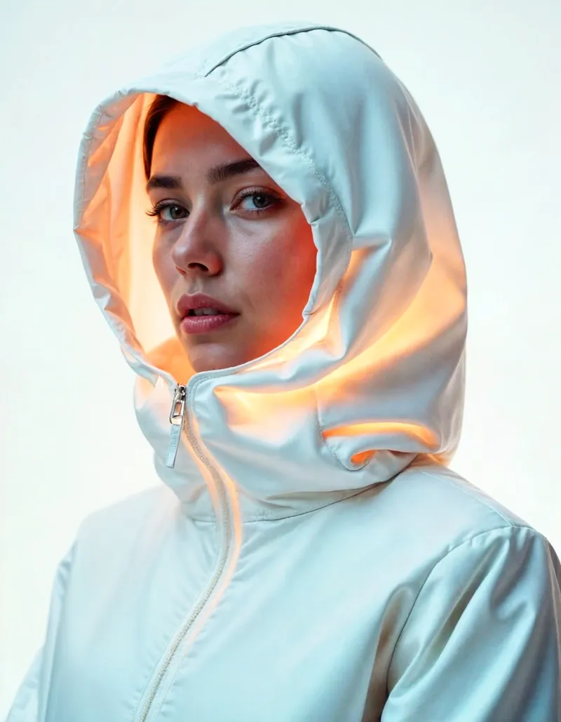 Side profile with warm light glowing inside the hood