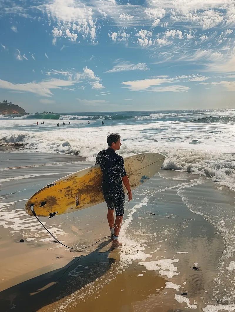 Surfer holding a board and walking along the shoreline