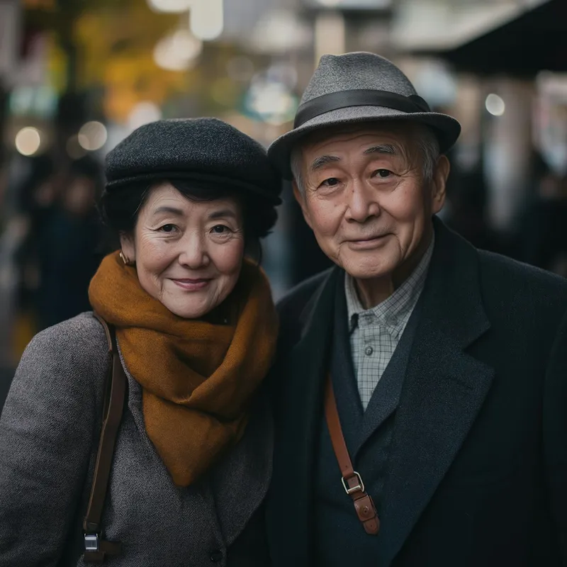 Senior Asian couple with matching hats and warm scarves