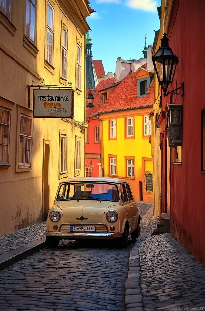 Another view of the vintage car on a winding European street