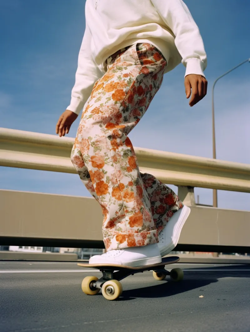 Skater in floral pants cruising on a road