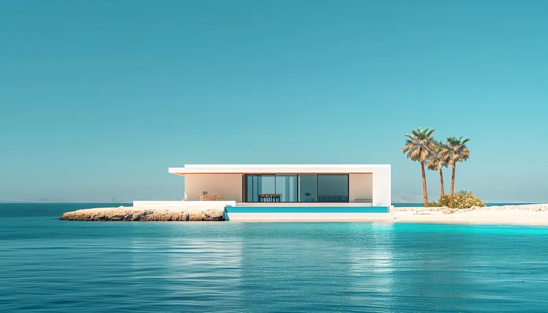 Island home with turquoise waters and palm trees