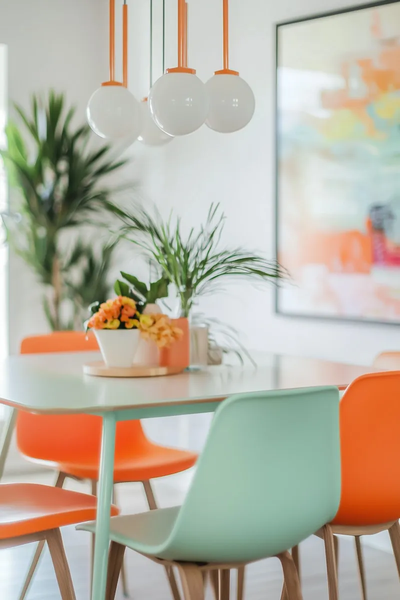 Bright dining corner with orange and mint accents