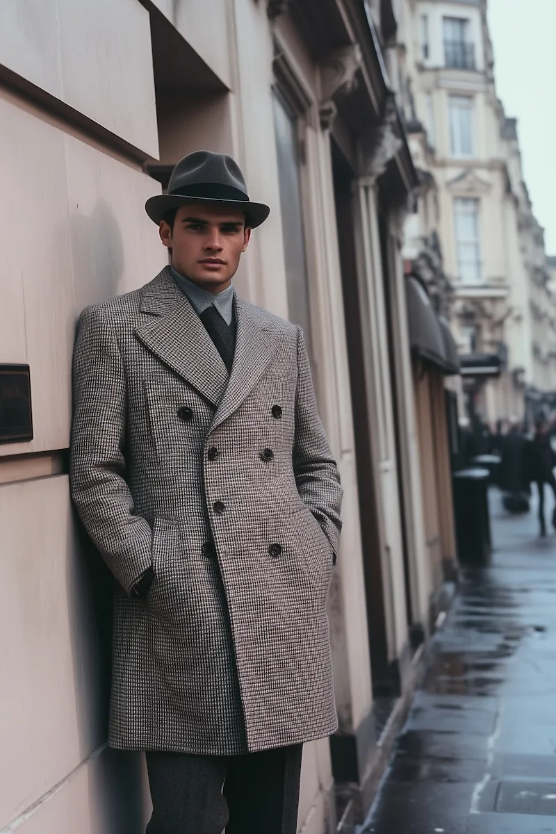 Man in checkered overcoat and fedora on city street