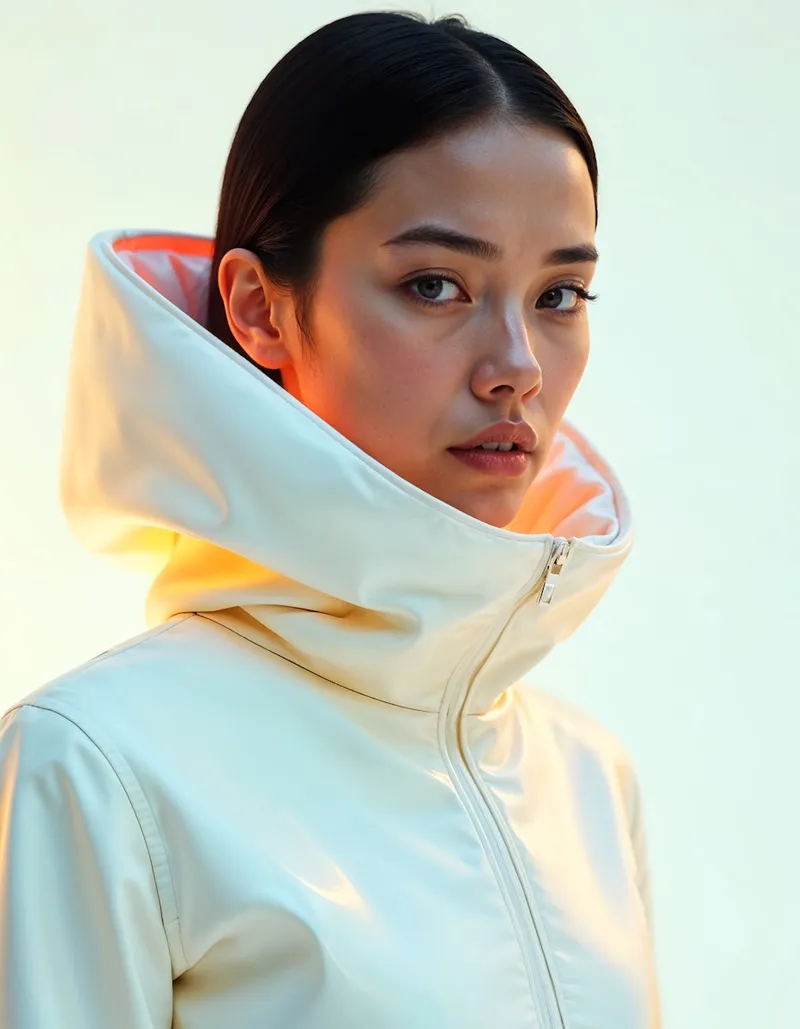Portrait of a woman in a glossy white hooded outfit with soft lighting