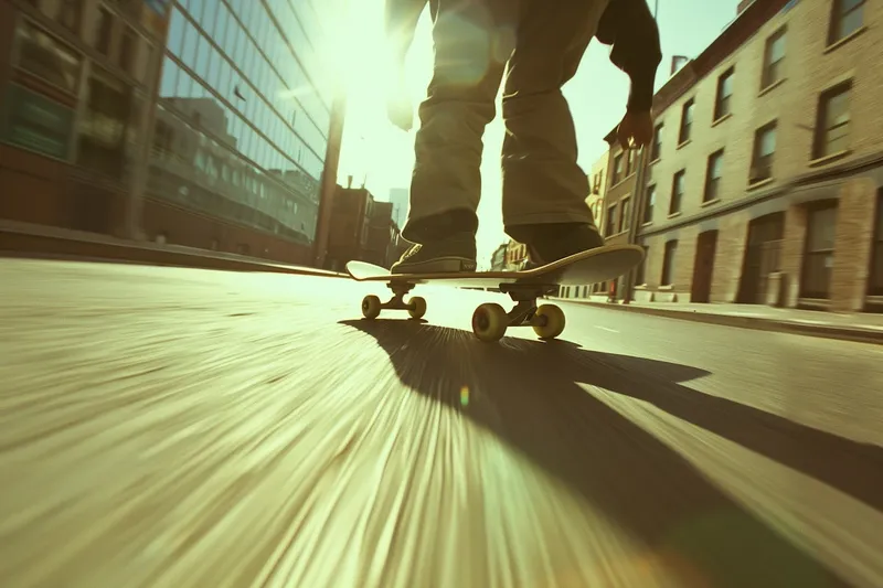 Low-angle motion shot of skateboarder on a city street
