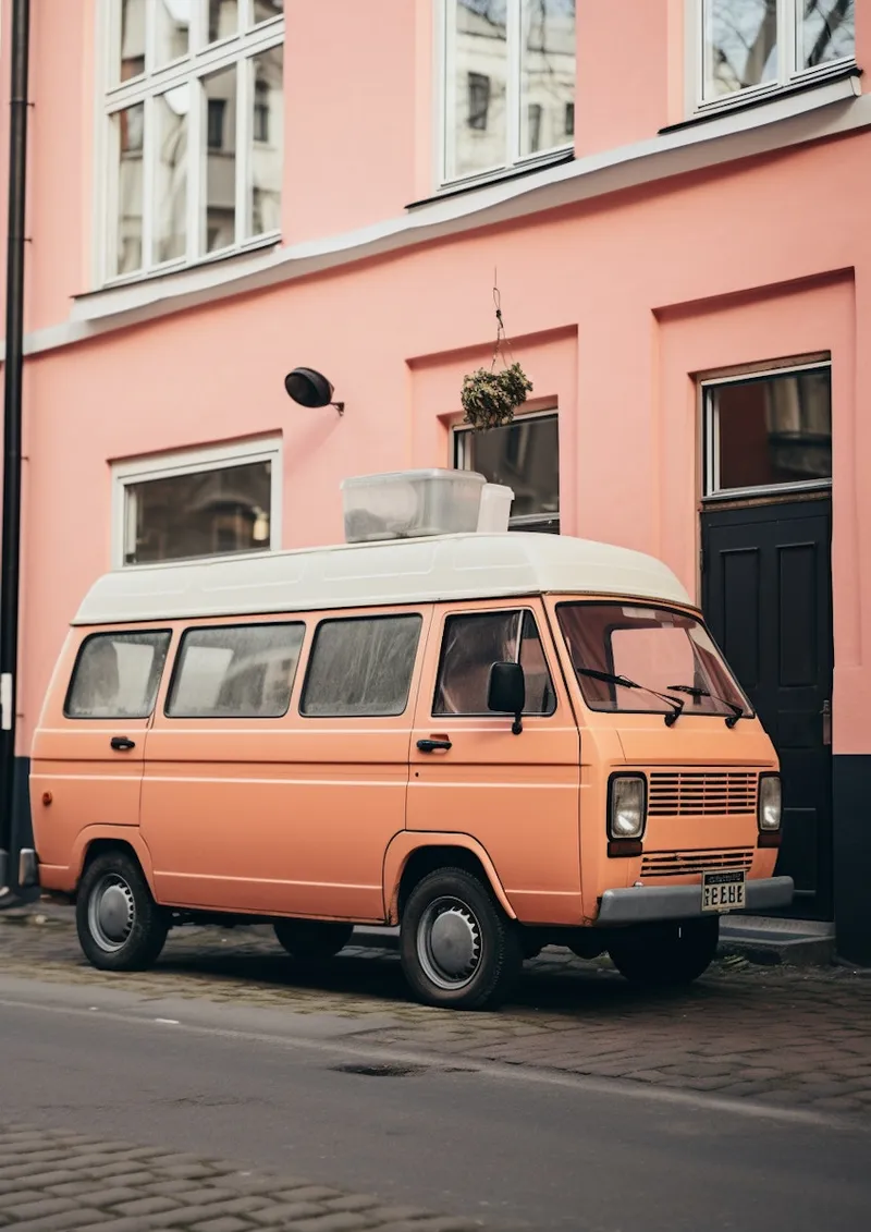Pastel blue vintage car parked in front of a peach-colored door