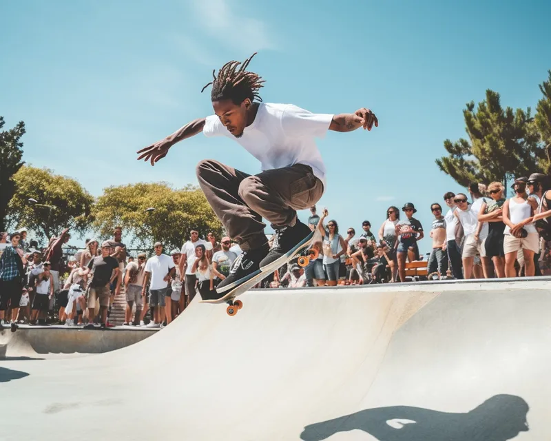 Silhouetted skateboarder mid-trick at a skatepark