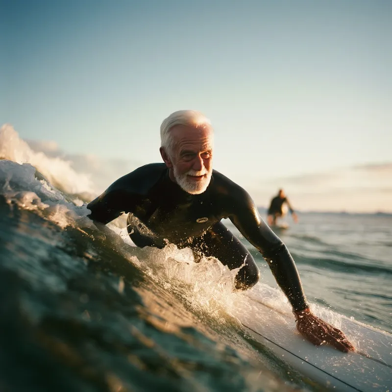 Surfer riding a wave at golden hour
